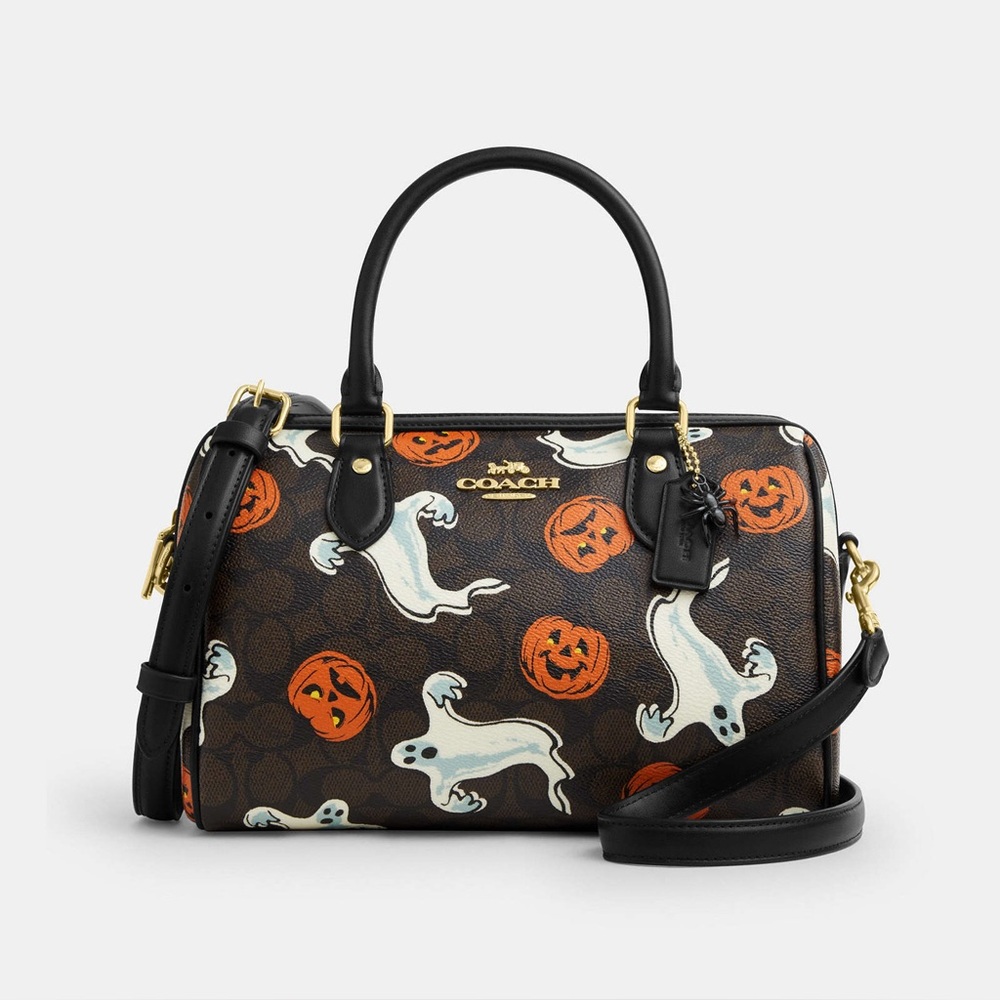 NWT Coach CCE73 Rowan Satchel Bag Signature Canvas Halloween Print Walnut